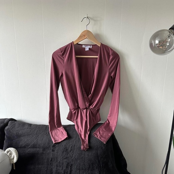 Burgundy long sleeve wrap bodysuit - Picture 1 of 6